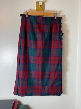 James Pringle Weavers 100% Pure Wool Burgundy Plaid Scottish Kilt Skirt Sz 12